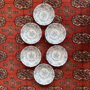 Arcopal Honorine Blue & White Floral Print Scallop Edge Shallow 6-Bowl Set